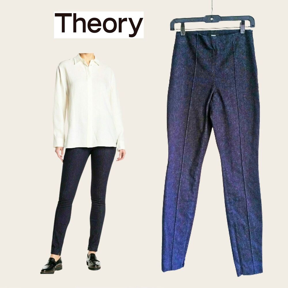 THEORY Indigo Denim Skinny Legging Pants Pintuck Ankle Slit Size 2 NWT